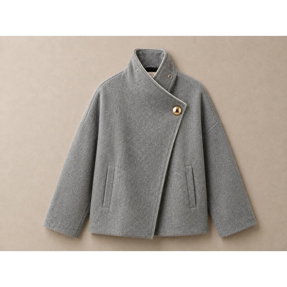 Zara Women Short Coat S Gray Asymmetric High Neck Gold Button Felted Jacket